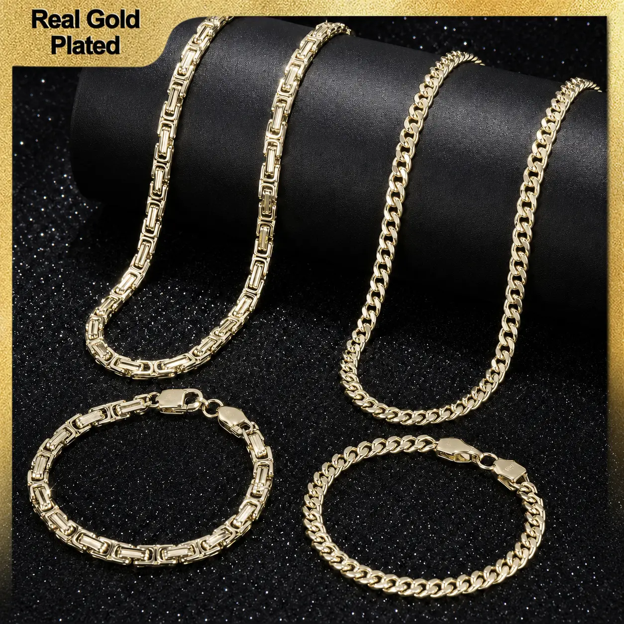 Holylegend 14K Real Gold Plated Franco & Byzantine Necklace & Bracelet Set,Jewelry Set– 5.5mm, 24 Inch, 3D Elegant, Simple & Versatile,Father's Day Gift