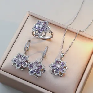 4PCS Rotating Jewelry Set, Flower Earrings Ring Necklace for Women, Rotating Bauhinia Zircon Flower,  Fashion New Design Pendant, Elegant Titanium Steel Necklace