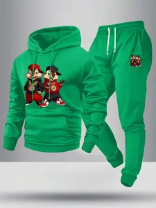 Spring/autumn lightweight men’s two-piece set featuring a cartoon squirrel print: a hooded sweatshirt and jogger pants with pockets; street-style athletic elastic-waist drawstring joggers with pockets, suitable for cool weather—an ideal gift for someone y