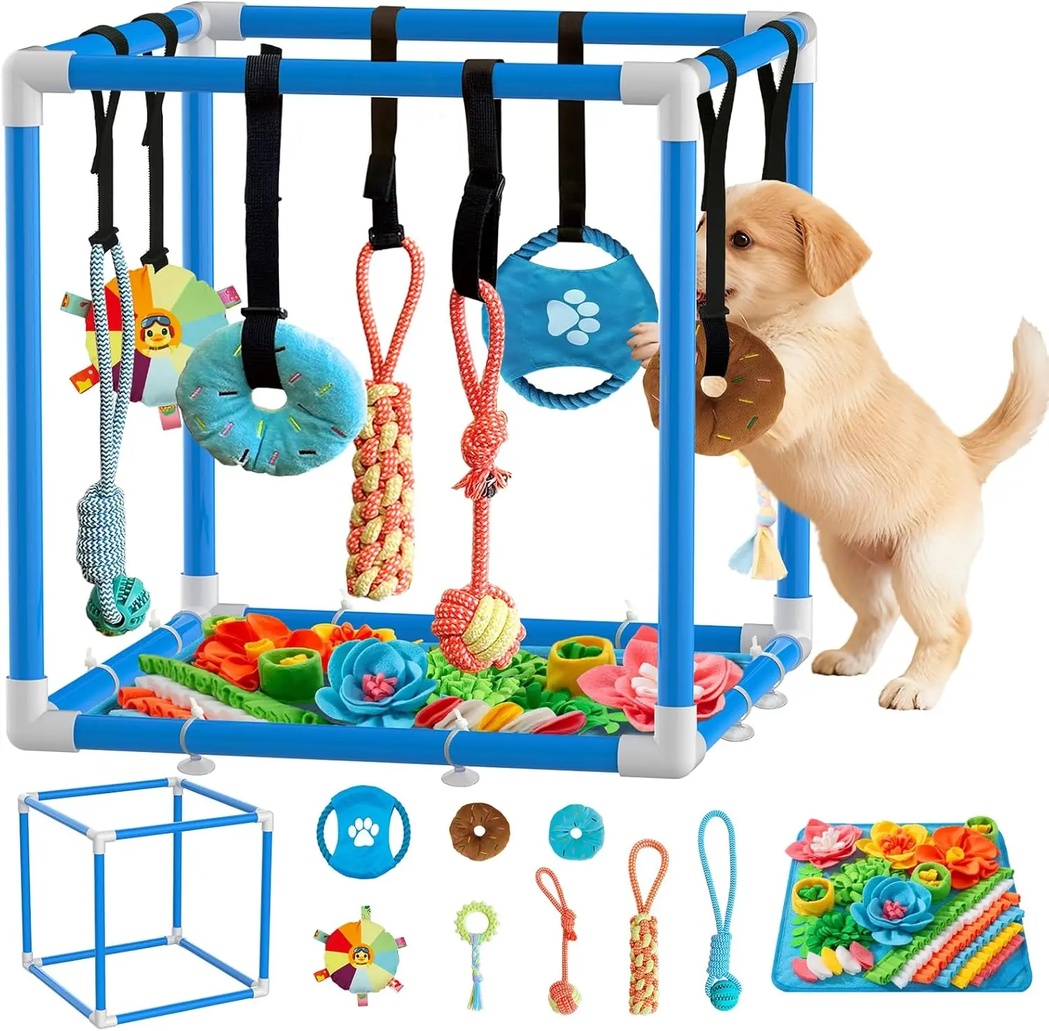 Indoor Puppy Play Set - PVC Frame Agility Equipment with 8 Toy Variety, Snuffle Mat, Stretchy Velcro Rope, Bite Resistant Enriched Fun for Small Dogs (Blue, 19.6x19.6x19.6in) Supports Foraging Behavior