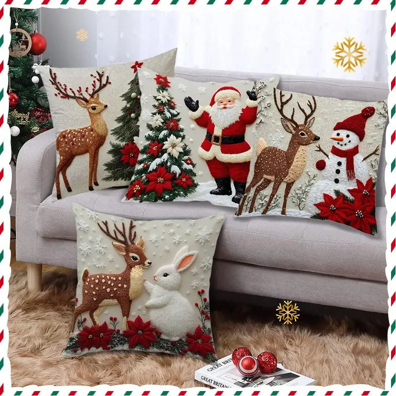 Neutral Square Christmas Pillow Set (Pack of 4) - Santa + Rabbit Combination, Reindeer Pattern, Christmas Style Home Goods, House Decoration, Living Room Soft Decoration, Holiday Party Supplies Neutral Square Christmas Pillow Set (Pack of 4) - Santa + Rabbit Combination, Reindeer Pattern, Christmas Style Home Goods, House Decoration, Living Room Soft Decoration, Holiday Party Supplies