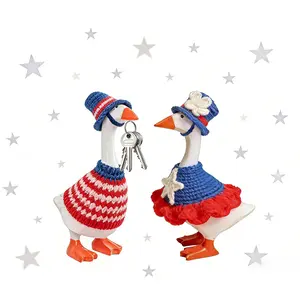 7 Inch Desk Goose Outfits, 2 Sets Independence Day Couple Desk Goose Costumes Accessories, Festive Knitted Desktop Geese Decor Magnetic Goose Statue Clothes, 4th of July Home Office Table Decor Gifts