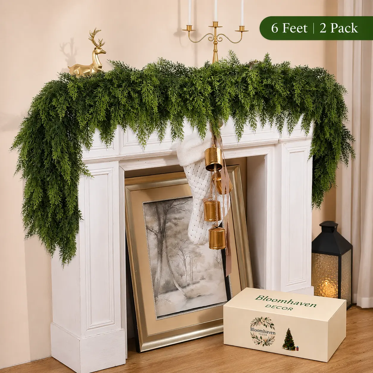 6 FT 2 Pcs Artificial Cedar Garlands, Real Touch Winter Cedar Garland, Green Artificial Greenery Pine Garland for Table, Mantle, Wall, Indoor, Outdoor Christmas Decorations
