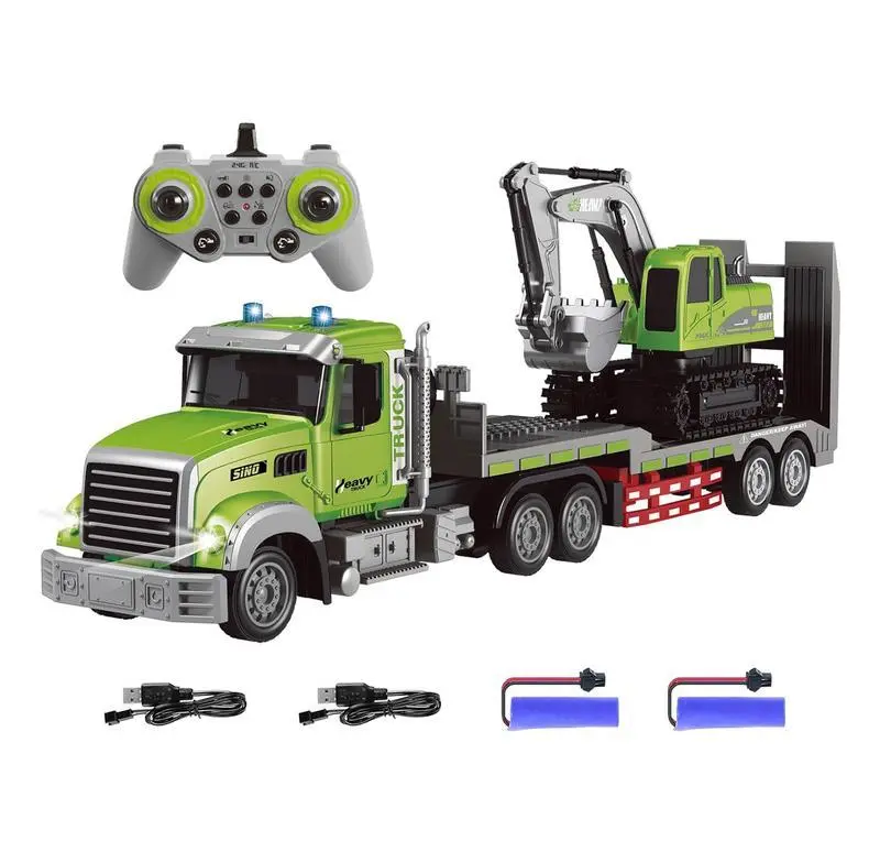 RC Semi Truck & Excavator Toy Set 1:12 RC Semi-Trailer Truck with Sound and Lights 2.4Ghz Remote Control Flatbed Truck with Excavator Toys Gift Set for Children