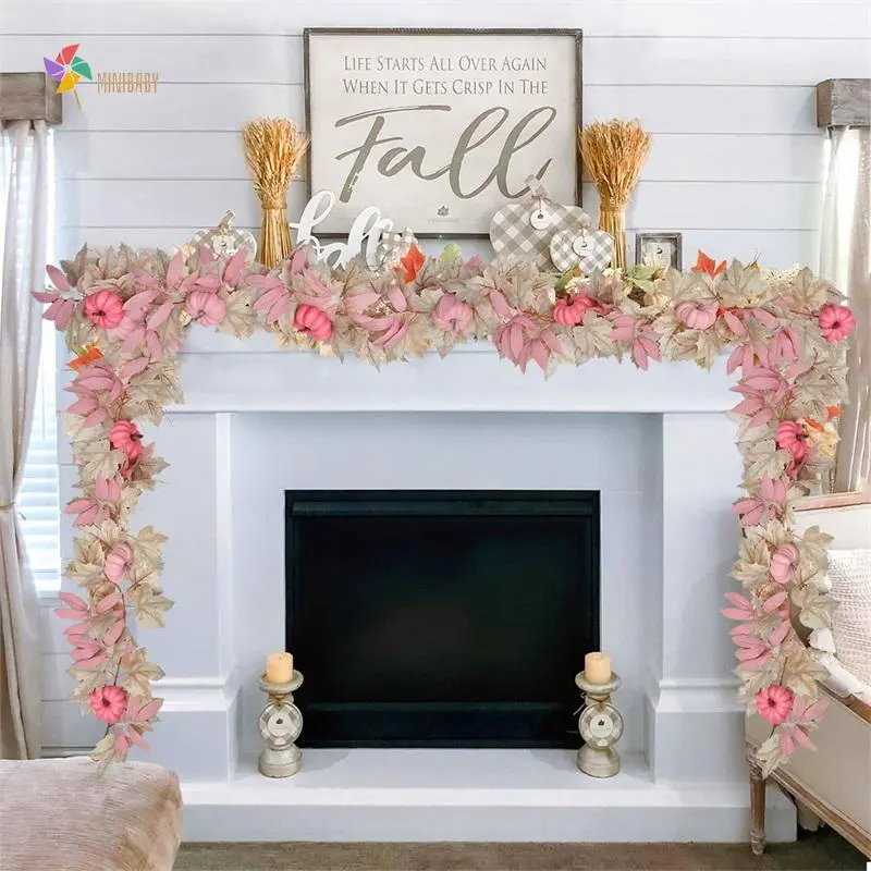 Artificial Maple Leaf Fall Garland with Plastic Pink Pumpkin Ornaments, Indoor-Outdoor Decorative Halloween Decorative Props for Holiday Party, Outdoor Indoor Decorative, Pumpkin Motif