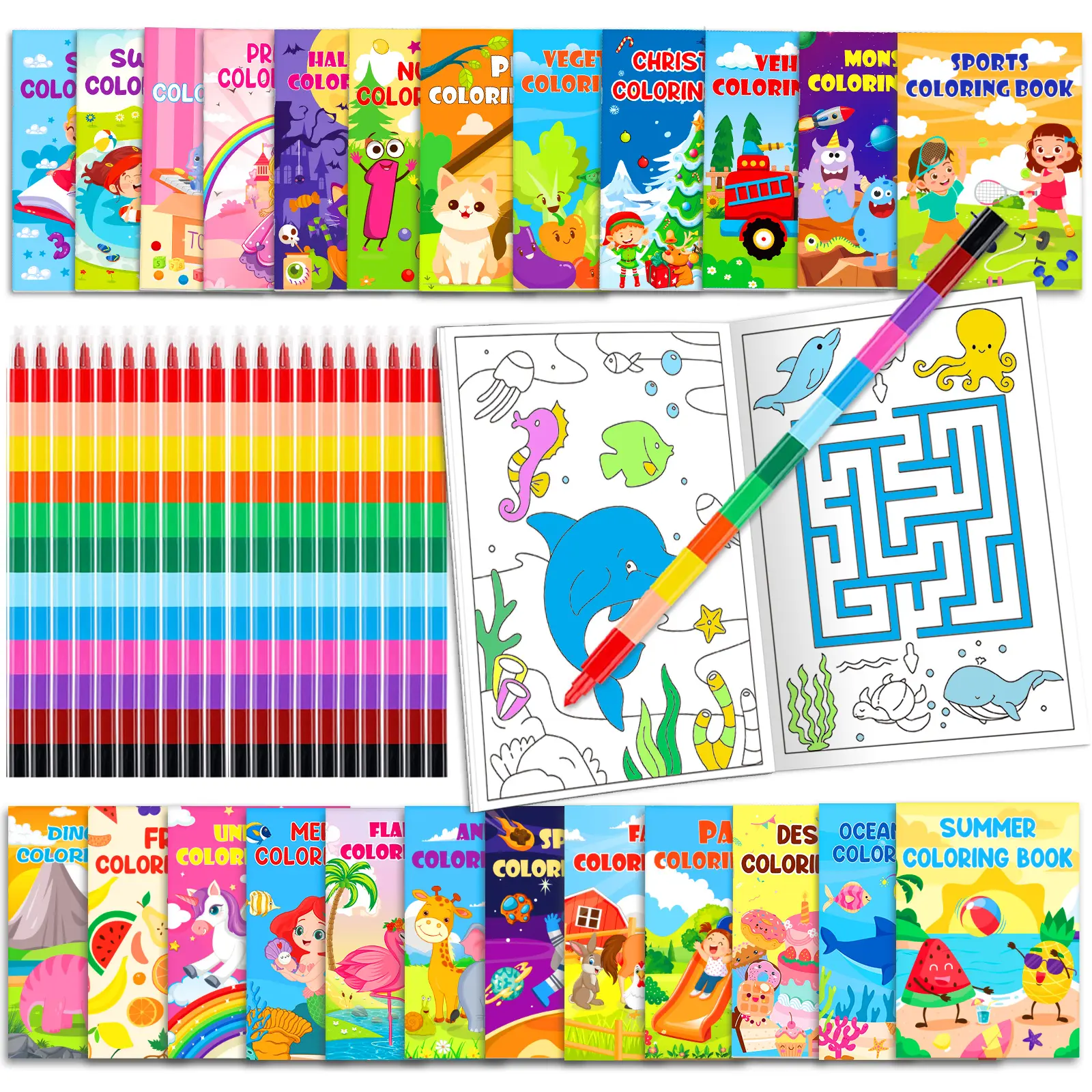 Kids' Coloring Book Set - 24 Books with Stacking Crayons, Bulk Party Favors, Classroom Gifts for Ages 4-12