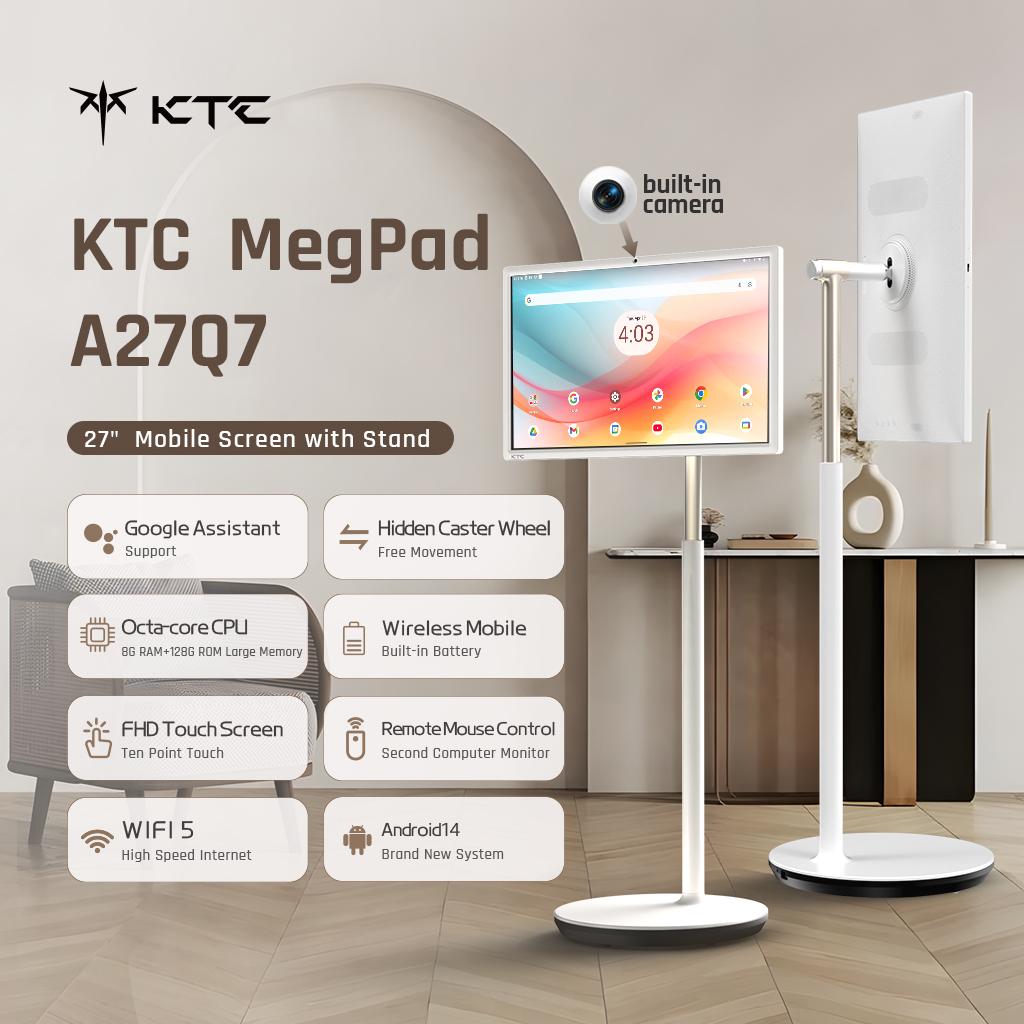 KTC A27Q7 27‘’ Portable Smart Screen, 1080P@60Hz Touch Monitor, Android 14 & Google EDLA Certification, 8GB+128GB, Qualcomm SM6115, with 9500mAh Battery & Wi-Fi 5 Wireless Casting, 4000:1 Contrast, Built-in 8MP Camera and Speakers