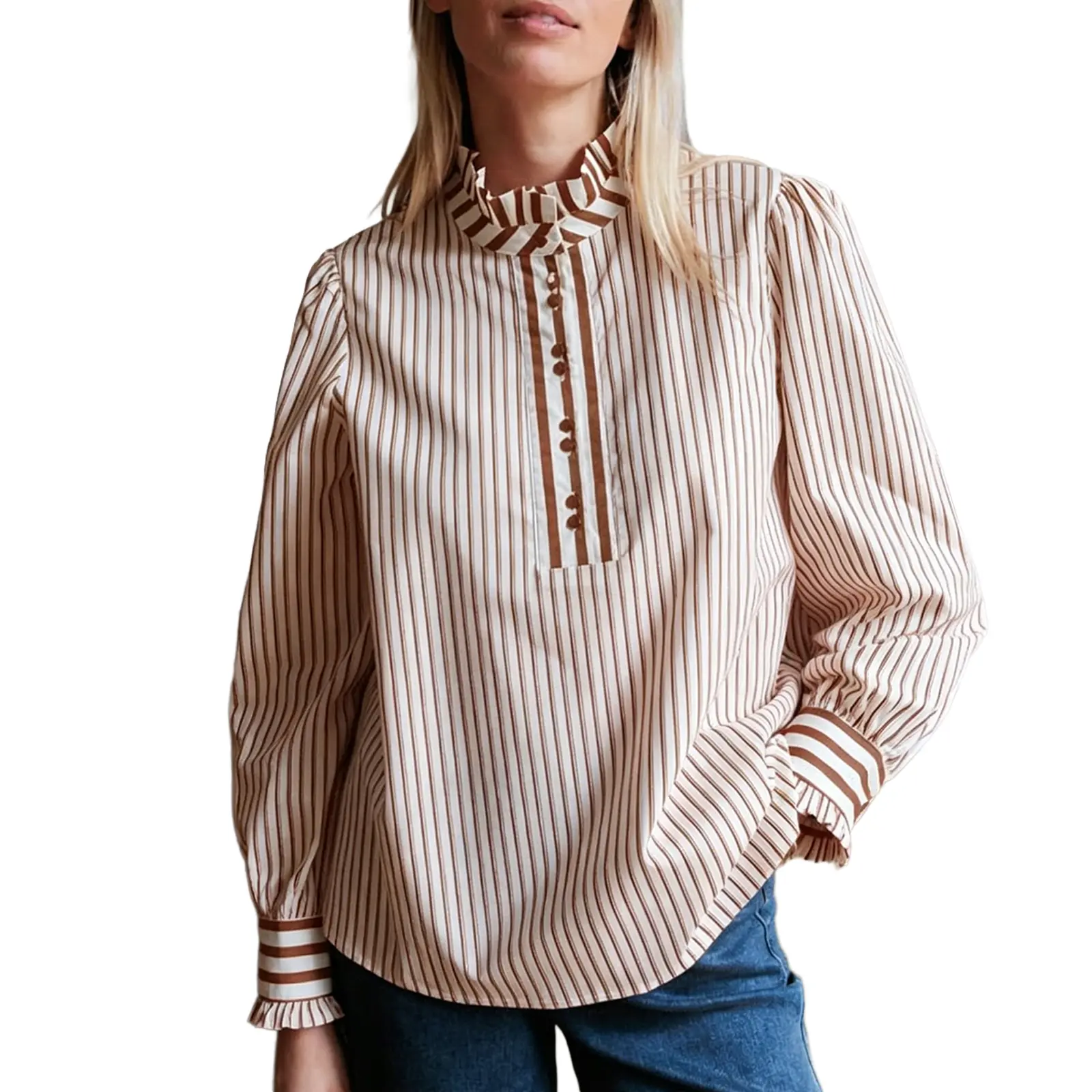 Dokotoo Women's Striped Casual Pullover Blouse Gathering Half Button Long Sleeve Loose Fit Tunic Top