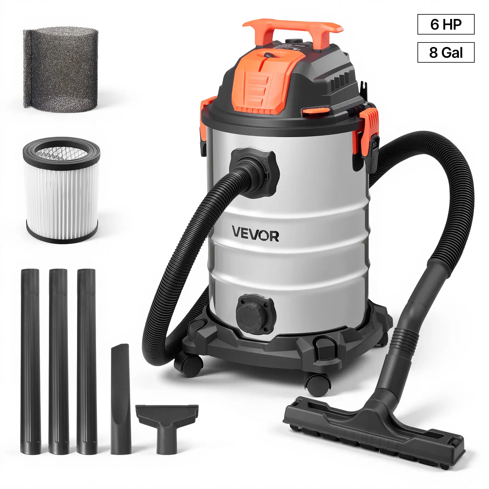 【summerfinds】VEVOR Shop Vac, 8 Gallon Wet Dry Shop Vacuum, 6 Peak HP with One-Button Self-Cleaning, Dual-Filter, 900W Input Power, 1.25in x 7ft Hose, 9.8ft Cord, Metal Tank for Jobsite, Workshop, Garage, Home,dorm essentials,home essentials