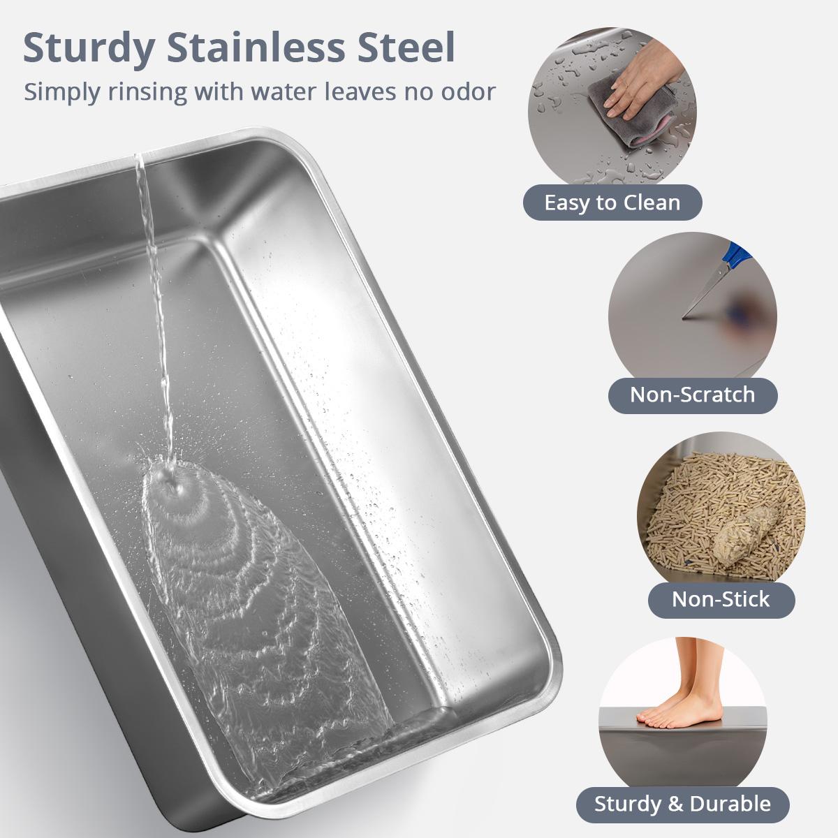 DOMIPET 3IN1 Stainless Steel Cat Litter Box 20L with Lid, XL Cat Litter Pan, Enclosed Metal Litter Box with 2x Litter Scoop & Filter Pedal, Front & Top Dual Entry, Large Metal Litter Box High Sided Design,Anti-Urine Leakage, EasyCleaning