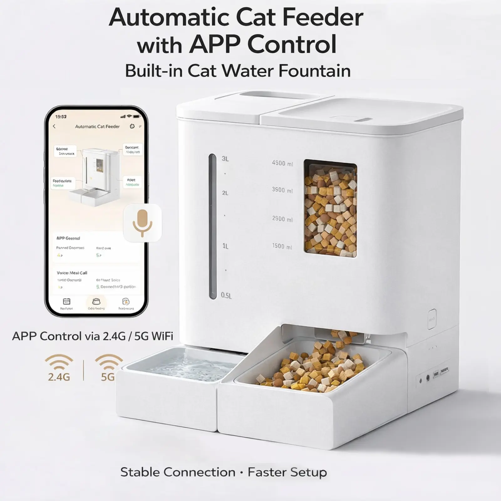 Automatic Cat Feeder with Cat Water Fountain, 5L Smart Pet Feeder with Voice Recorder APP Control 2.4G/5G WiFi for Cats Dogs, Automatic Food Dispenser Pet Products