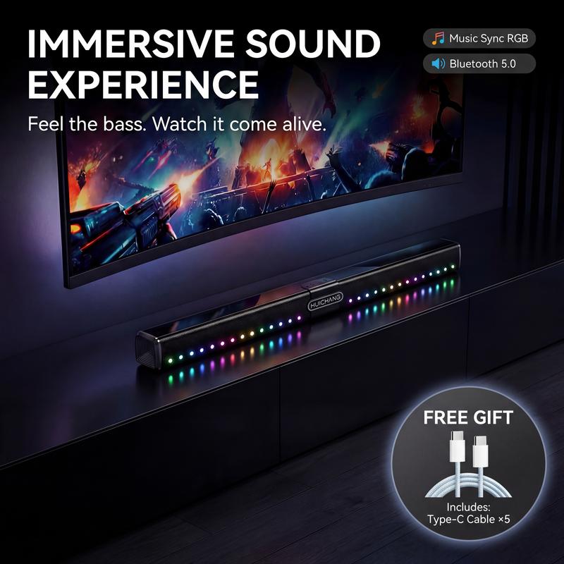 HUICHANG 10-Speaker RGB Soundbar – Wireless Bluetooth 5.3 Slim 34.6” Design,  Deep 9D Bass, TWS Stereo, Piano Black Finish, AUX/USB/Coaxial Inputs, Perfect for Home Theater, TV, Gaming & Party Smartphone Audio，Black Friday, gifts，New Year's Party