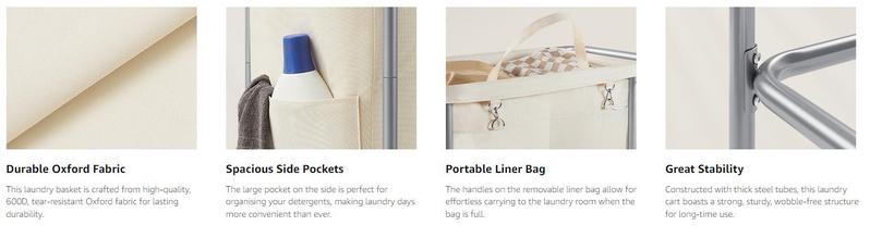 SONGMICS HOME Laundry Basket with Wheels, Rectangular Rolling Laundry Hamper, Removable Liner, Steel Frame , Blanket Storage, Organiser