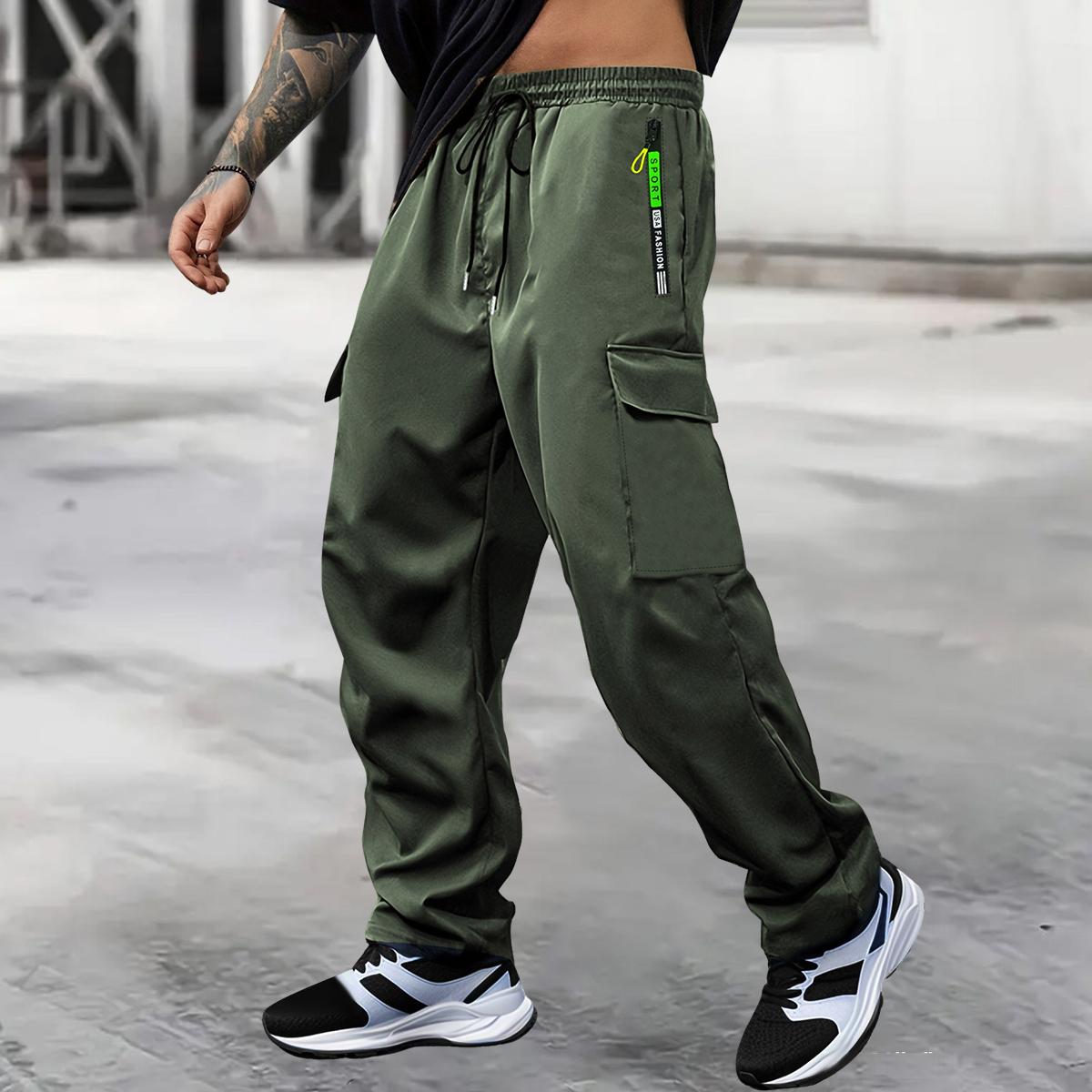 Men's spring-autumn style letter green zipper pocket work pants with fashionable large patch pocket design with drawstring elastic waist, suitable for jogging, hiking and daily wear. Valentine's Day gift.