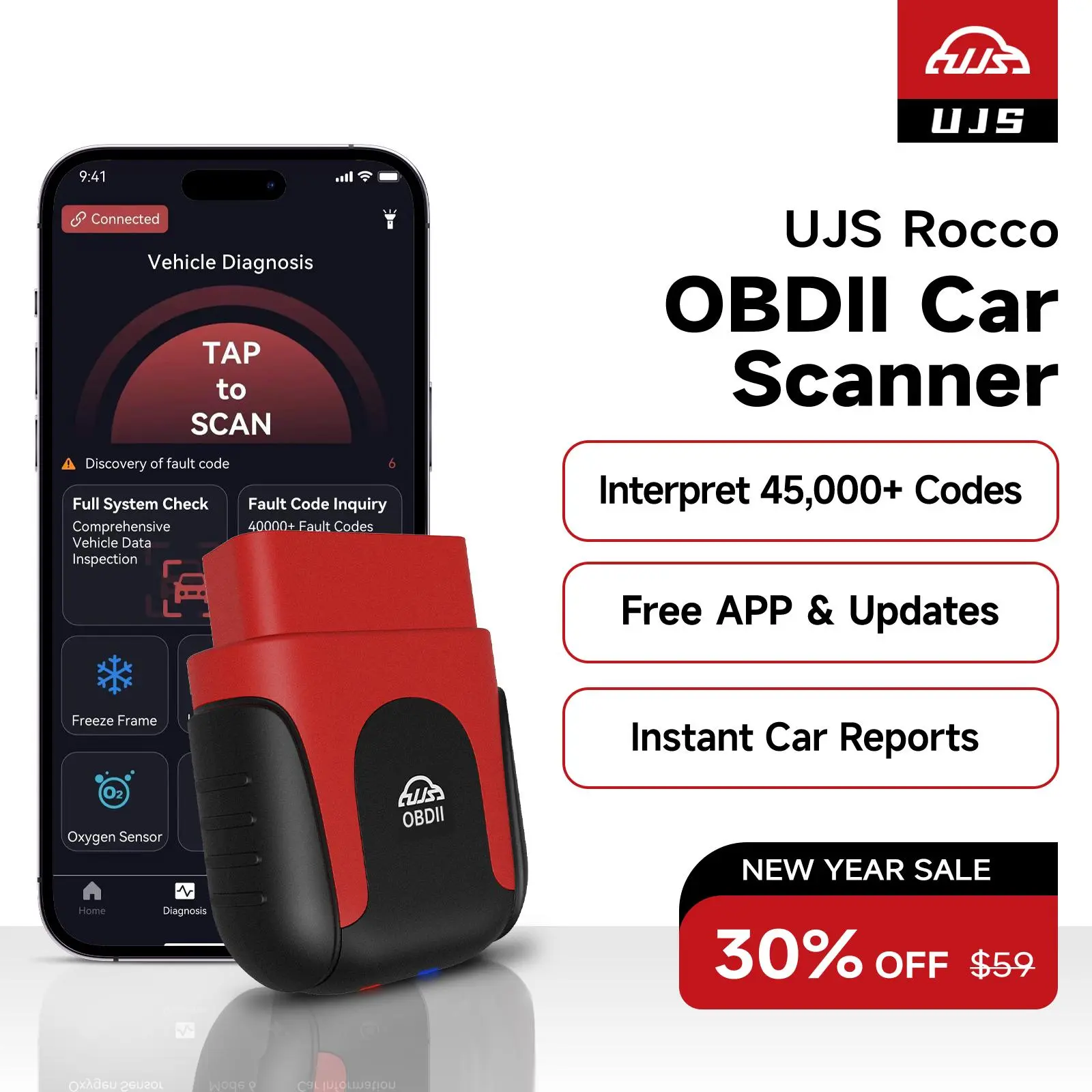 【NO SUBSCRIPTION】UJS Rocco OBD2 Car Diagnostic Tool All Systems, 45000 Code Database, Instant Reports, Free App Updates & AI Chatbot
