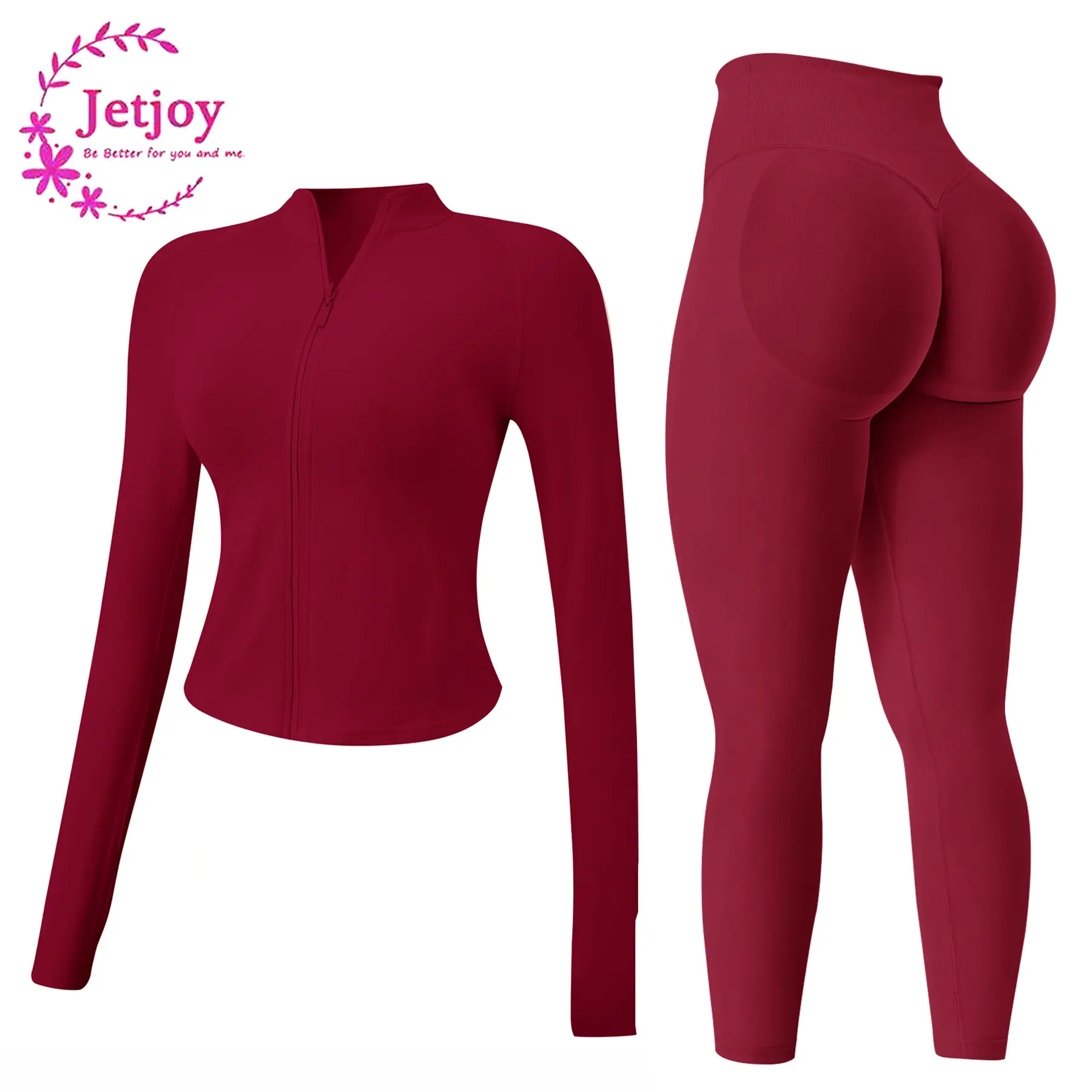 Jetjoy Women's Nylon Seamless Ribbed 2-Piece Gym Activewear Set - Zip-Up Long Sleeve Jacket with Thumb Holes, High Waist Leggings Tummy Control Scrunch Butt, Seamless Ribbed Look Feels Sleek, Sporty Edge for Yoga & Gym