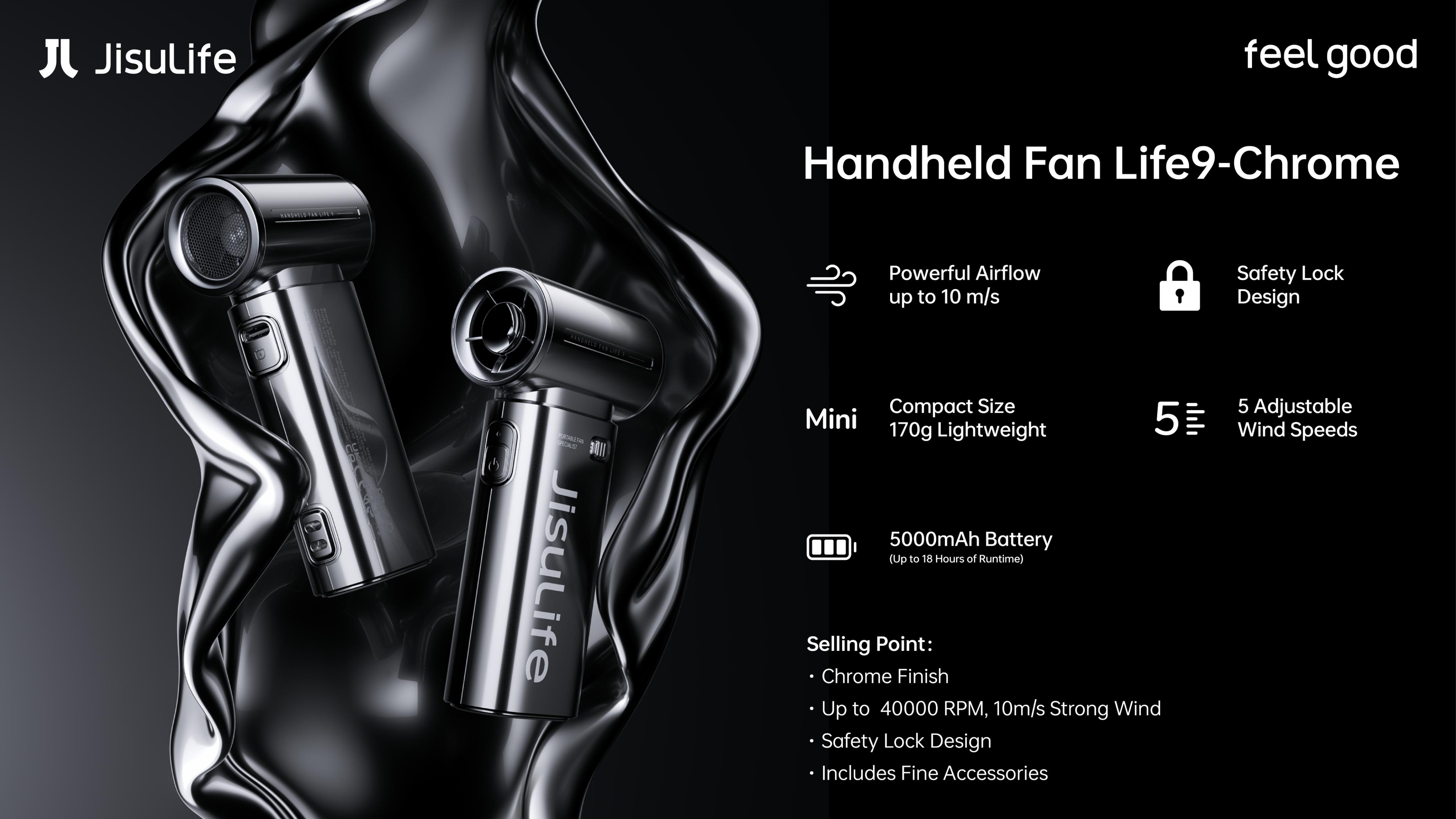 JISULIFE Life9 Chrome Portable Handheld Fan Turbo Power High Speed Air 18H Max Cooling 5 Gear Wind 5000mAh Rechargeable Mini Pocket Design with Compact USB Ideal for Birthday Gift for Men & Women