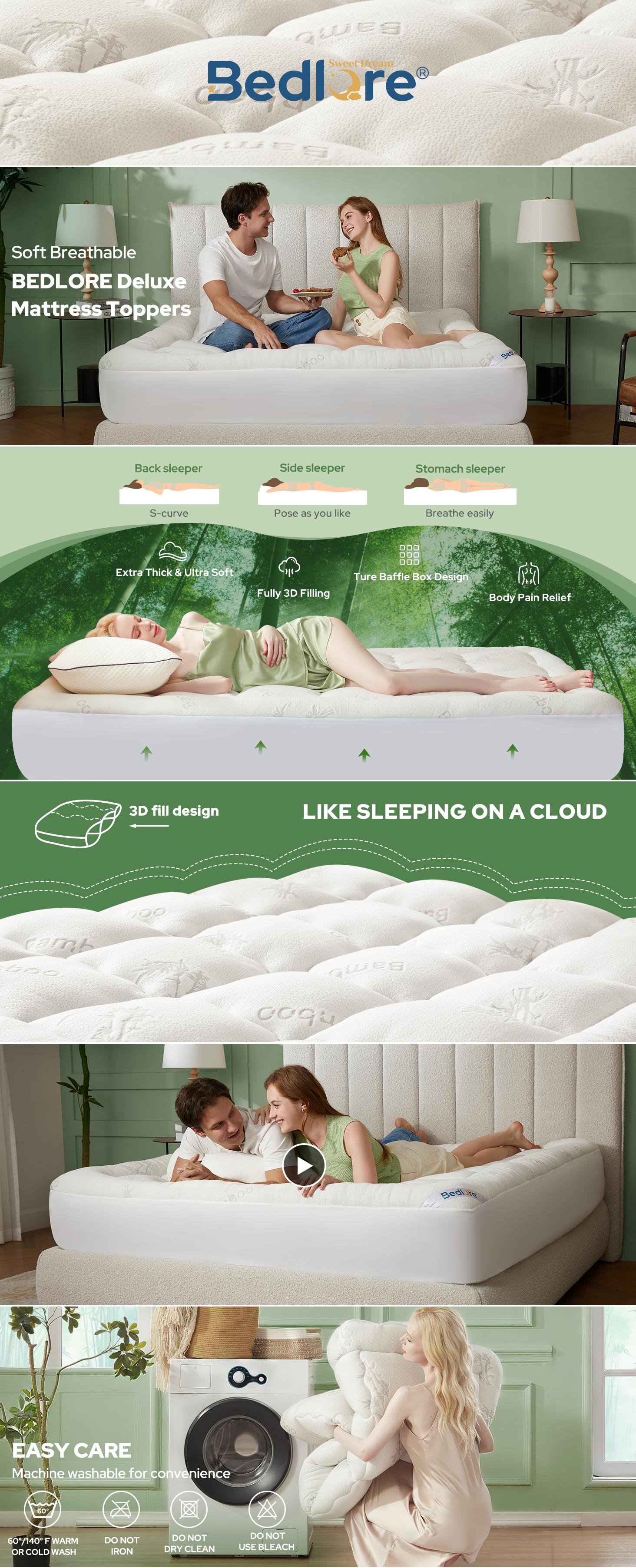 SpringGlowUp【BEDLORE】Bamboo Cooling Mattress Topper with Fitted Sheet, Thick & Plush Luxury Topper, Breathable & Silky Soft for a Cool Sleep, Deep Pockets, Machine Washable, Ideal for Bedroom & Home Use