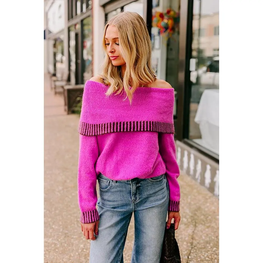 Chic Moment Off Shoulder Knit Sweater in Violet