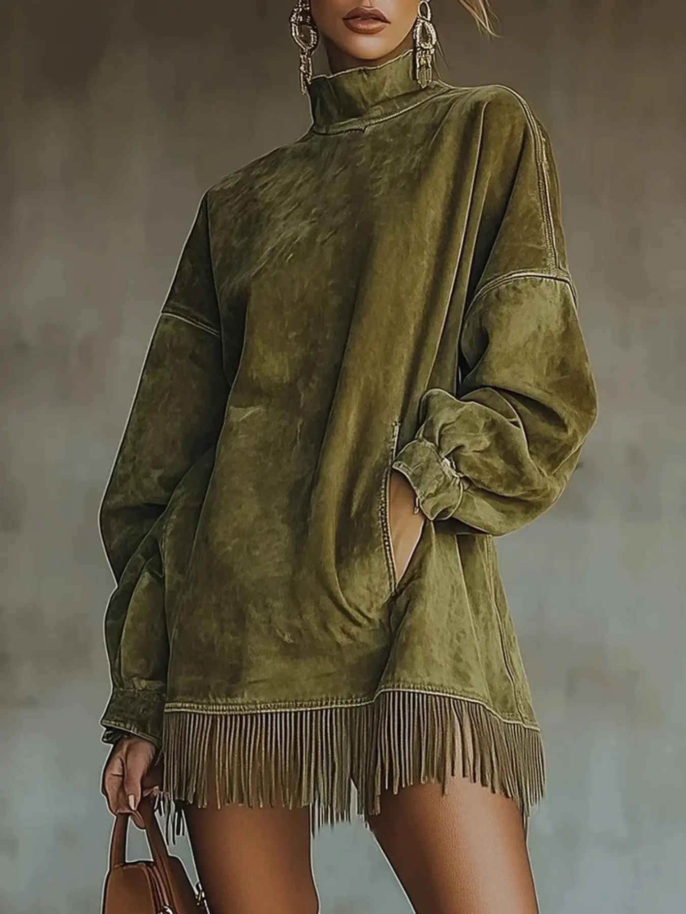 Olive Green Acid Wash Fringe Sweatshirt Dress Casual Wear | Mock Neck Oversized Maxi Tunic Dress | Country Concert Rodeo Outfit Bohemian Casual Dress