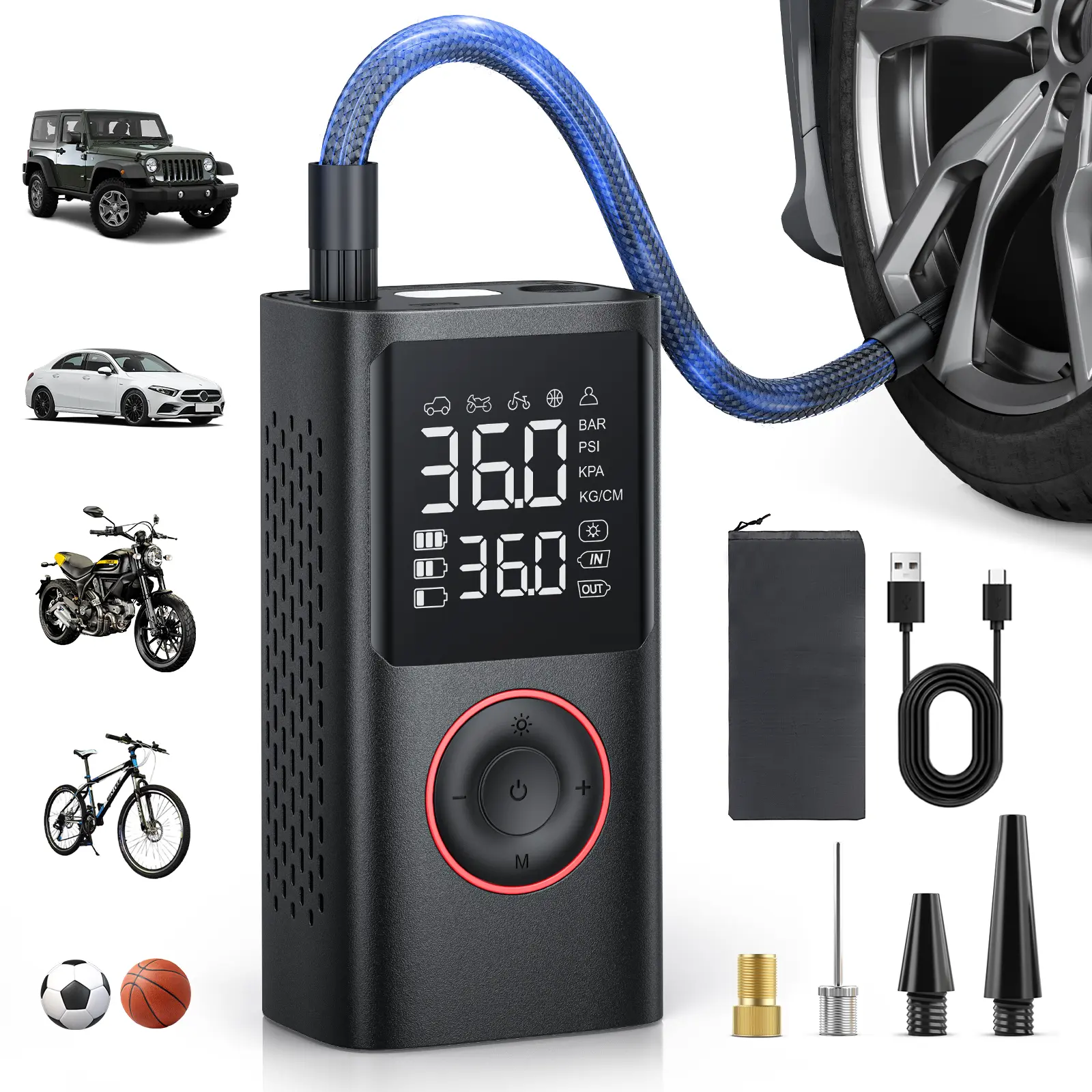Powools Automotive Tire Inflator - Cordless Portable Pumps with Large Capacity Battery, Wireless Digital Display, Enhanced Safety Features, Quick Inflate, Wirefree Use & Convenience for Cars, Inflatables, Cordless Tire Pump