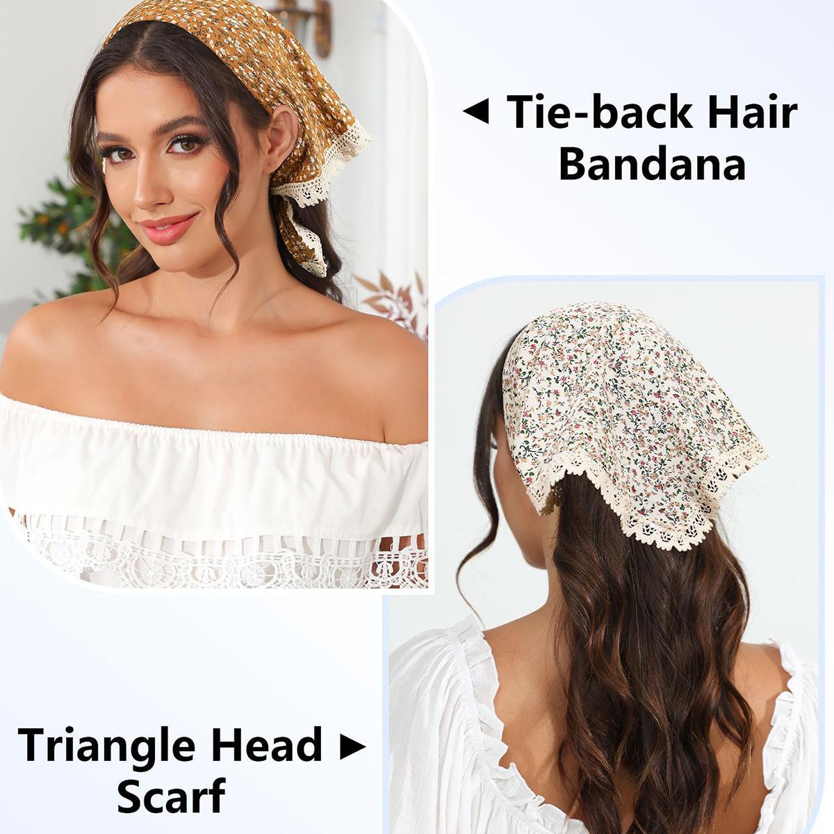 AWAYTR 3Pcs/Set Floral Hair Bandanas Chiffon Head Kerchief for Women Girls Boho Hair Scarf Lace Edge Headband Bandana