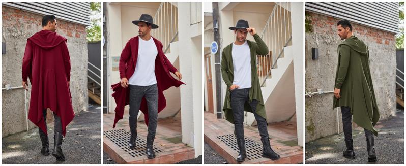 COOFANDY Fall Outfits Men's Black Long Hooded Cardigan Ruffle Shawl Collar Open Front Lightweight Drape Cape with Side Pockets Casual Elastic Workwear 3/4 Length