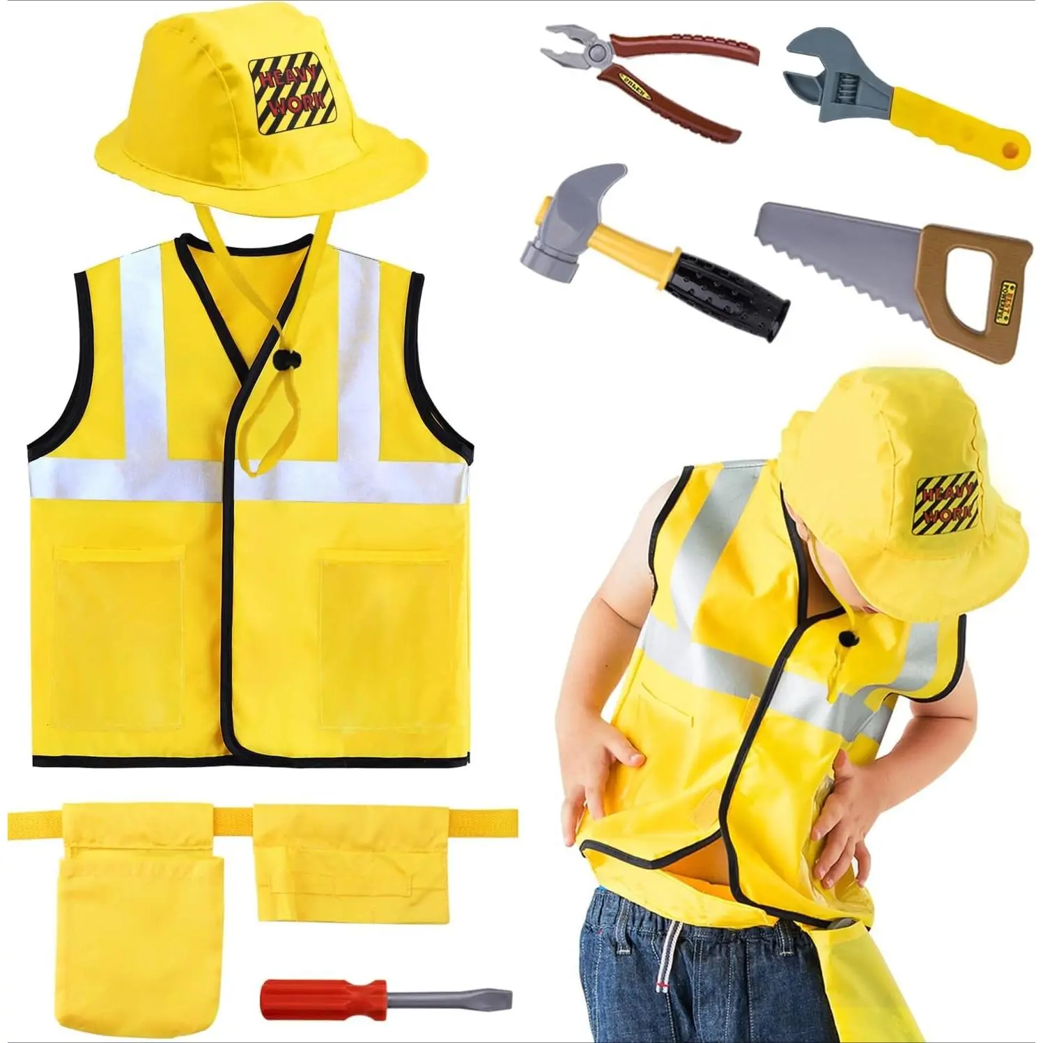 Kids' Construction Worker Role Play Costume, Breathable Nylon Outfit with Reflective Vest & Tool Belt, Includes Hammer, Saw, Pliers & Screwdriver for Creative Thanksgiving Fun, Vest + Hat, Creativity, All Seasons, Toddler Size 5, Polyester