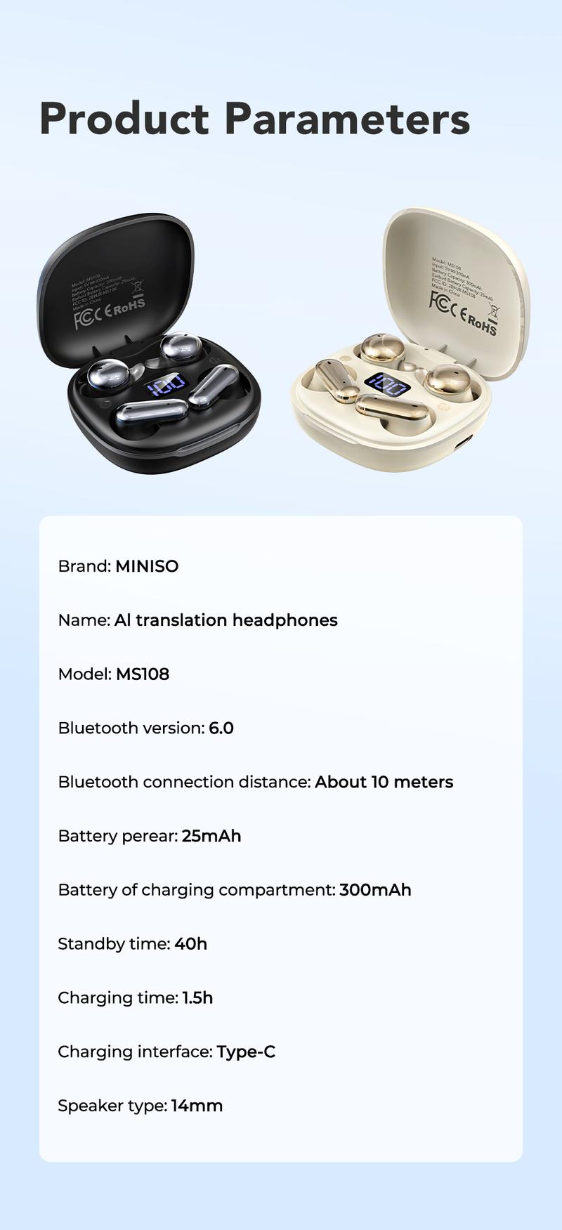MINISO MS108 Wireless Bluetooth Earphones Mini Invisible Waterproof Earbuds for Sleep & Sports Two Pairs Included Mini Short Stem Design Ideal for Work Sports and Sleeping