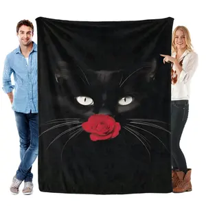 Black Cat Lover Gift Soft Cozy Flannel Blanket - Cute Black Cat with Red Rose Print Plush Throw, Warm Fuzzy Bedroom Sofa Blanket, Perfect Gift for Cat Mom Cat Dad Women Men for Birthday Holiday