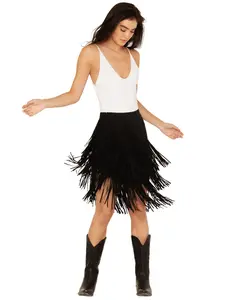 Idyllwind Women's Tina Asymmetrical Faux Suede Fringe Mini Skirt - Iwho24s93-Blk