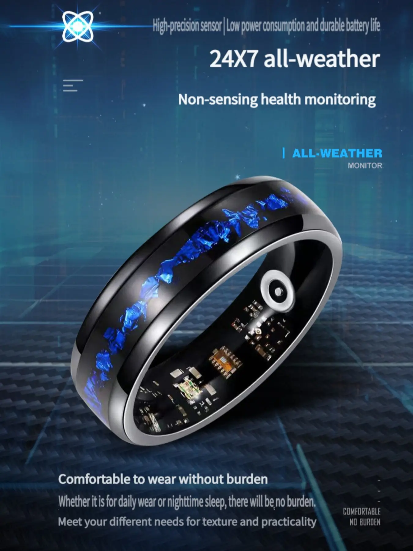 Smart Ring with Blue Gold Foil Inlay, Waterproof Blood Oxygen Heart Rate Monitor, Sleep Monitoring, Fitness Tracker, Gift for Loved Ones, Wearable, Wearable Devices