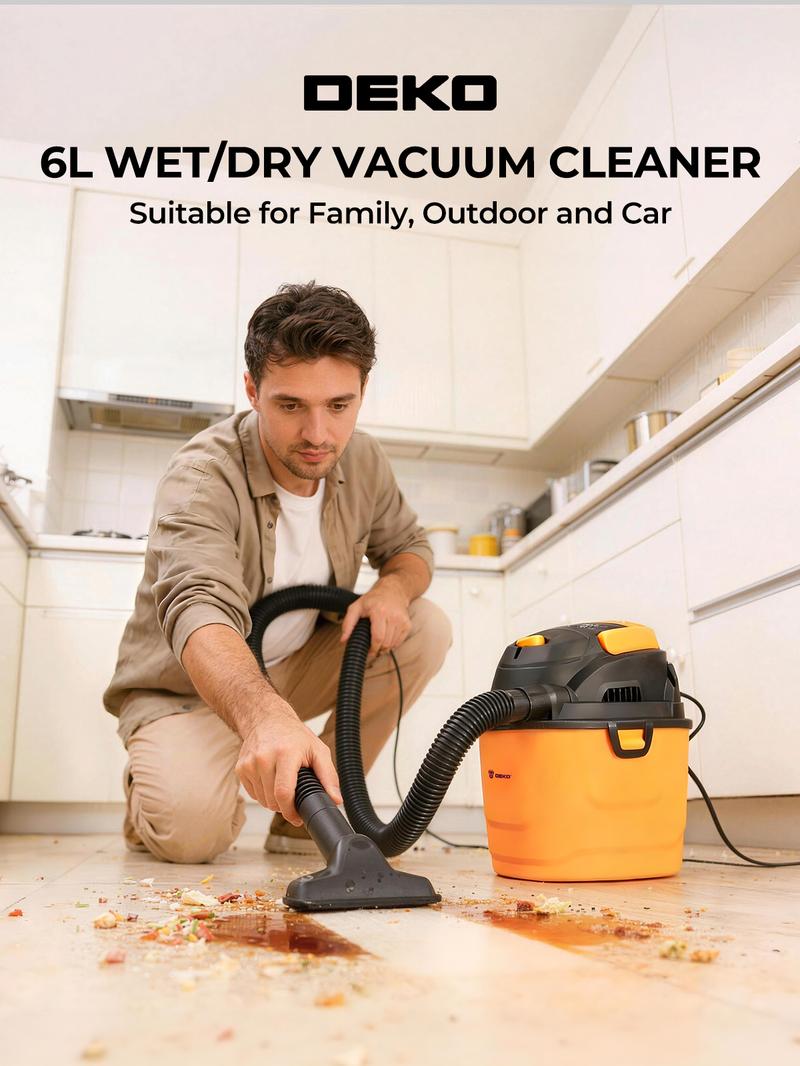DEKO 6L Wet & Dry Vacuum Cleaner, 600W Powerful Suction, With Wheels for Pet Hair, Spills, Sofa & Car Cleaning
