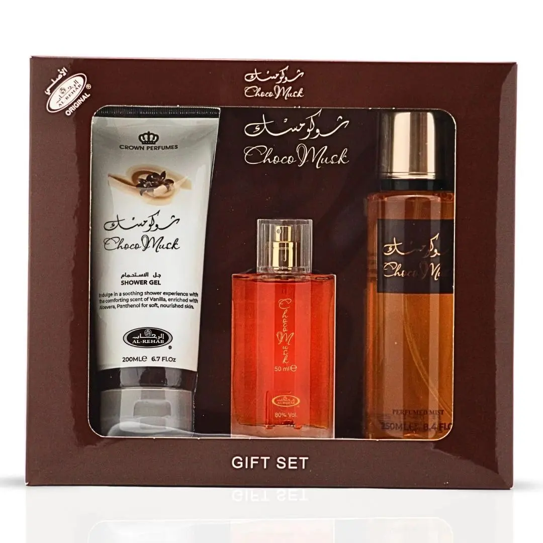 Al-Rehab Choco Musk 3-Piece Unisex Gift Set - Eau de Parfum 50ml, Shower Gel 200ml, Body Mist 250ml - Warm Spicy Chocolatey Fragrance, Choco Musk Cologne, Chocolatey Unisex Fragrance