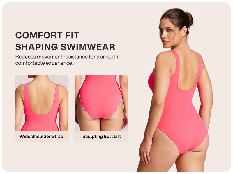 Lilylove Women's Shaping Swimsuit Zip-Front Ruched Wide Straps Tummy Tucking Slimming Sculpting Snatched Waist One Piece Bathing Suit Swimwear Swimming Beach