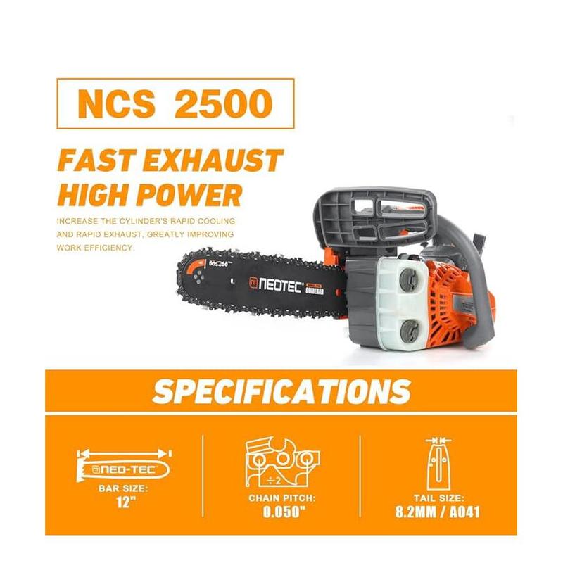 NEOTEC NCS2500 25.4CC 12" Gas Chainsaw, Lightweight 2-Stroke Handheld Chain Saw, Easy Start, One-Hand Operation, Portable Power for Tree Cutting & Branch Trimming