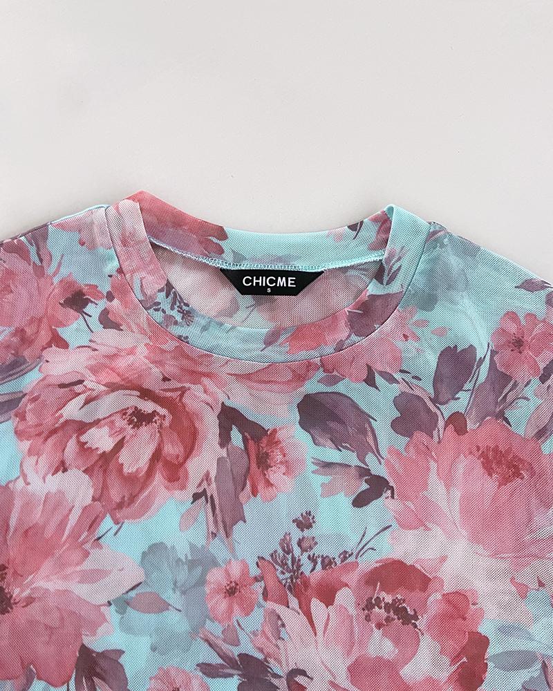 ChicMe Women's Watercolor Floral Print O-neck Long Sleeve Mesh Tee Slim Fit Semi Sheer Layering Top with Thumb Hole Cuffs ChicMe Women's Watercolor Floral Print O-neck Long Sleeve Mesh Tee Slim Fit Semi Sheer Layering Top with Thumb Hole Cuffs