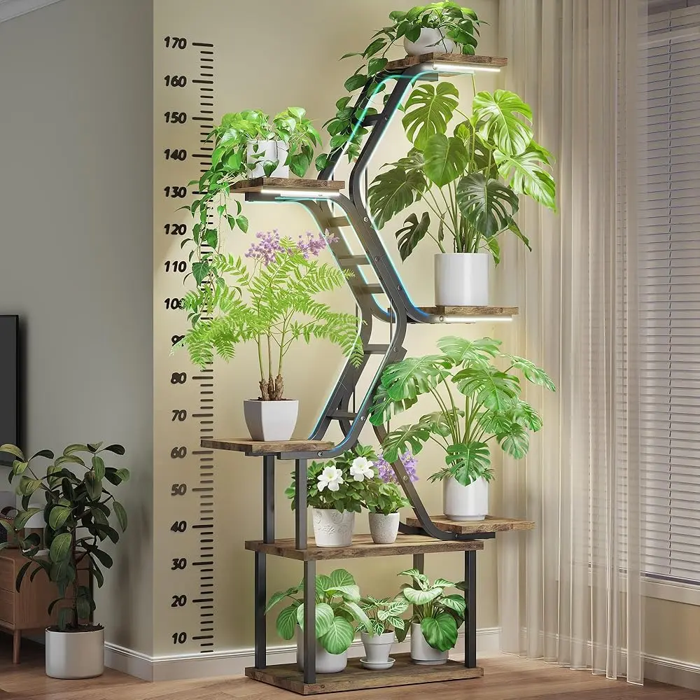 Plant Stand Indoor with Grow Lights - 65" Tall Plant Shelf Indoor for Multiple Large Plants ,7 Tiered Metal Plant Rack Flower Display,S-Shaped Plants Rack for Living Room, Patent Design, Natural,dorm essentials,home decor