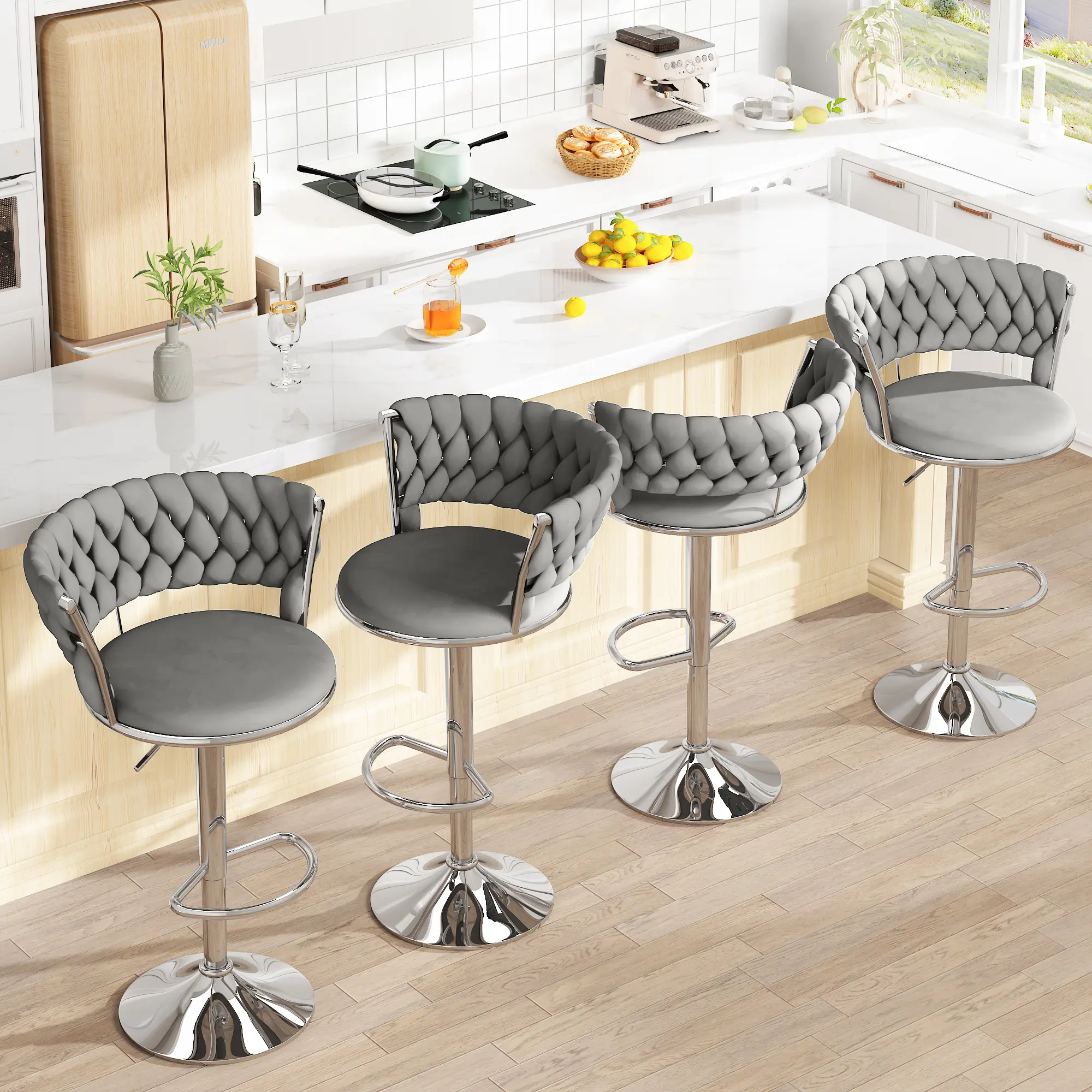 AWQM Velvet Bar Stools Set of 4【Ships in 2 Packages (2 per Package)】,  Minimalist Bar Chairs with Adjustable Height, Upholstered Kitchen Island Chairs,  Beige, Black, Grey homemakeover