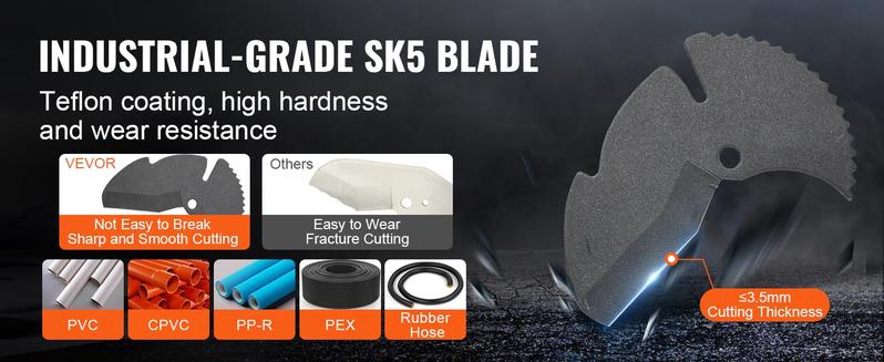 VEVOR PVC Pipe Cutter, 0-2-1/2" O.D. Ratcheting PVC Pipe Cutter, Heavy Duty Tube Cutting Tool with Spare SK5 Blade for PVC, CPVC, PP-R, PEX, PE, Rubber Hoses