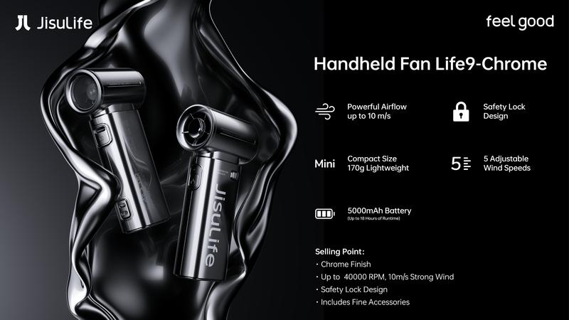 JISULIFE Life9 Chrome Portable Handheld Fan Turbo High Speed Cooling 18H 5000mAh Rechargeable Fashion Mini Fan Stylish Music Festival & Concert Accessory Valentines Day Gifts for Men Women