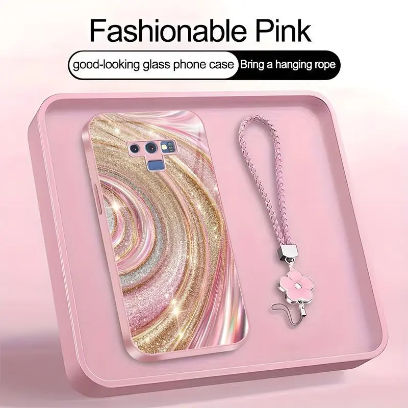 Luxury Rose Gold Swirl Phone Case with Flower Lanyard, Glitter Pink Art Aesthetic Cover for Galaxy Note9 ---975