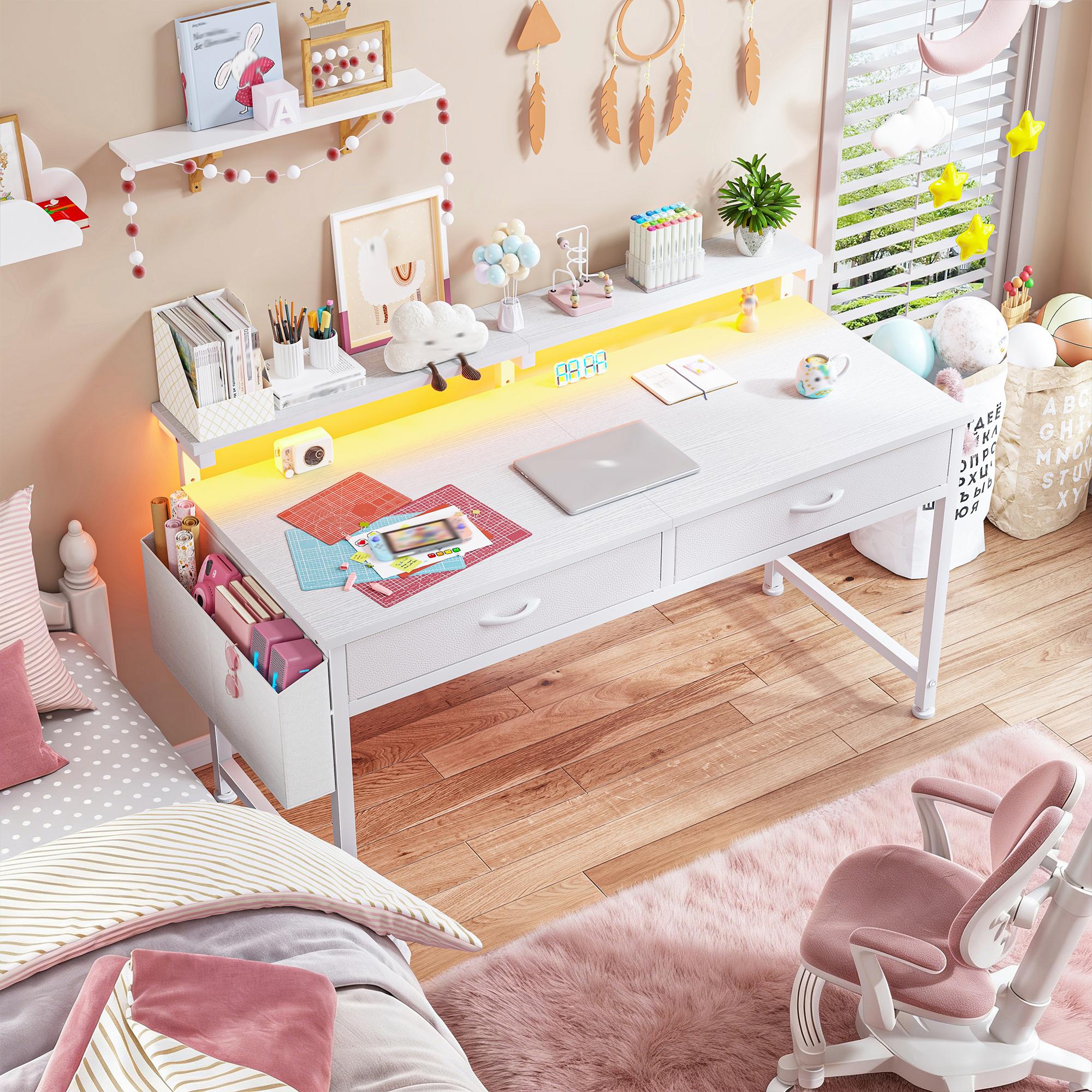 【Vanity & Computer Desk】31.5'' Gaming Desk with LED Lights in Dorm & Tiny home,Computer desk with 2 Storage Drawers,Home Office Desk with Side Pocket & Ergonomic Monitor Stand,Writing Table with Anti-Tip Design, Nice gift for Women and Teens