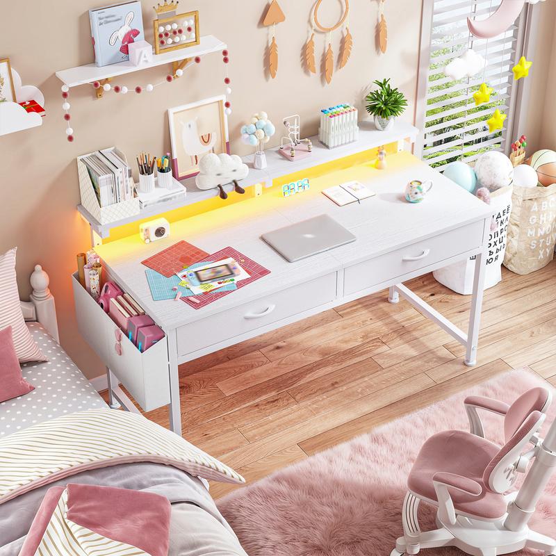 【Vanity & Computer Desk】31.5'' Gaming Desk with LED Lights in Dorm & Tiny home,Computer desk with 2 Storage Drawers,Home Office Desk with Side Pocket & Ergonomic Monitor Stand,Writing Table with Anti-Tip Design, Nice gift for Women and Teens