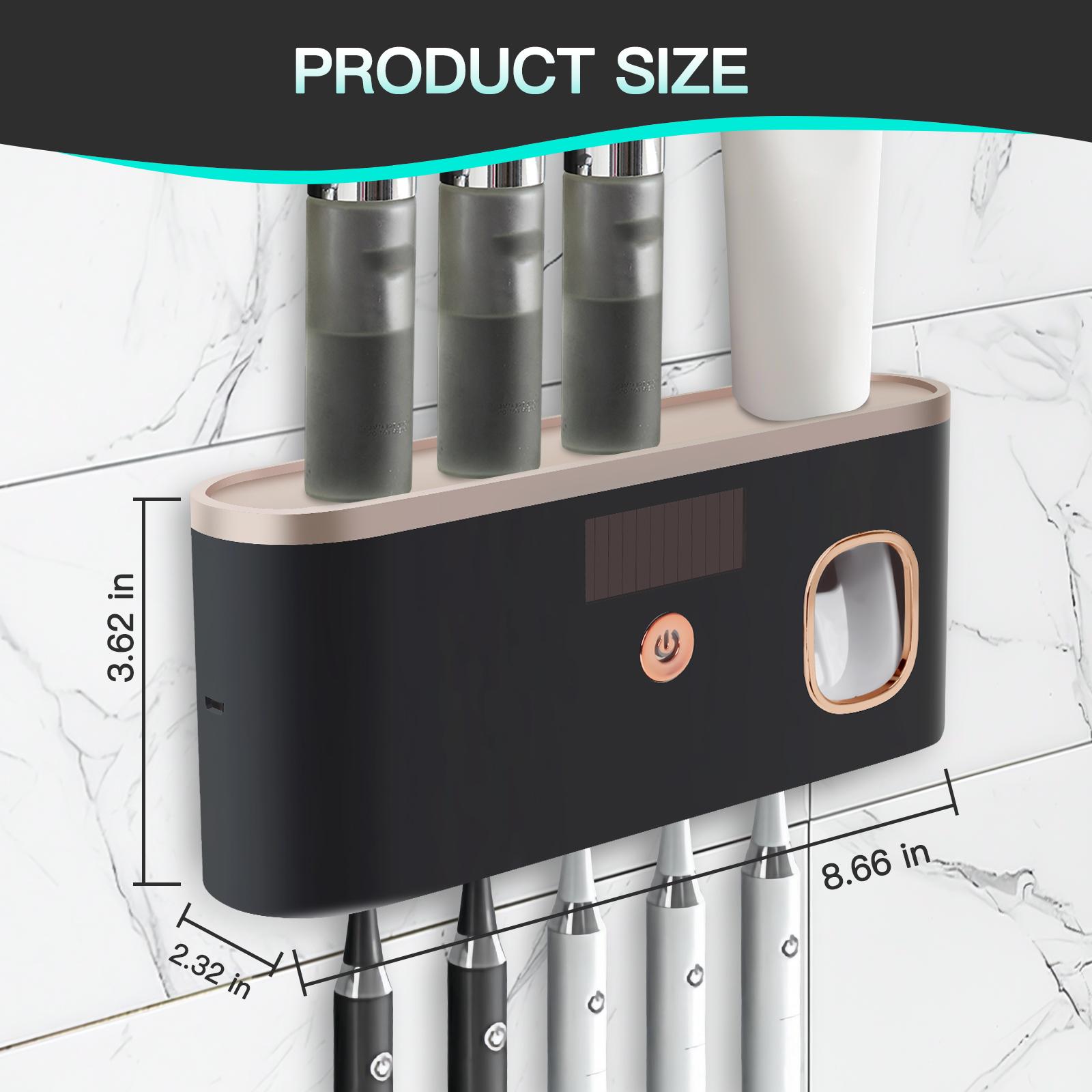 PHANCIR UV Toothbrush Holder for Bathrooms,5-Slot Wall Mount Toothbrush Sanitizer & Timing Function Wall Mounted with Toothpaste Dispenser for Electric / Regular Toothbrush Black Rose Gold