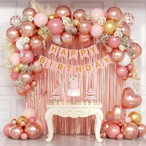 Rose Gold Birthday Decorations Set – Pink & White Balloon Arch Kit with Confetti Balloons, Fringe Curtain & Happy Birthday Banner