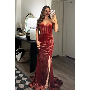 Winona Velvet Bustier Off Shoulder Maxi Dress: Terracotta Rust