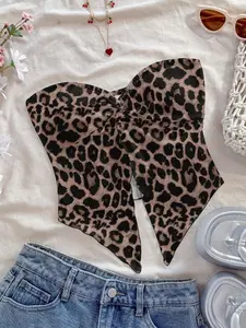 Soleia Casual Resort Style Sexy Leopard Print Graphic Sleeveless Top For Women, Summer Beach Babe Look,Rave Top,Tube Top Suitable For Going Out