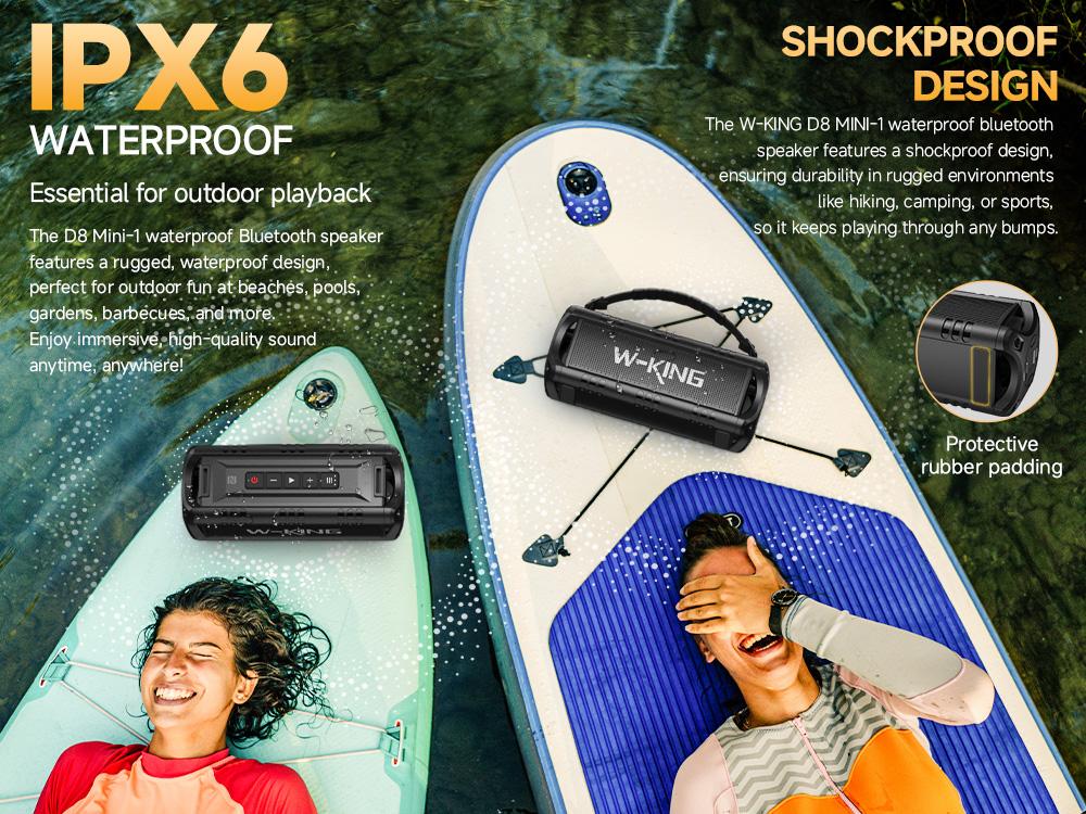 W-KING 60W Peak D8 Mini Portable Bluetooth Speaker, IPX6 Waterproof, 30W Wireless, 24-Hour Playtime, Powerful Bass, NFC, TF Card, USB Playback, Built-in Mic, AUX-IN, for Home, Outdoor Adjustable Subwoofer