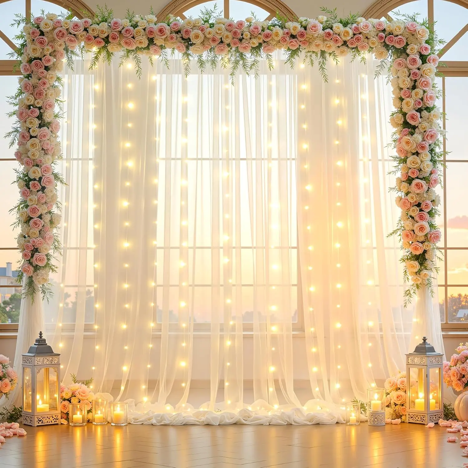 Hangable Polyester Wall Backdrop Curtain - 5ft x 10ft 2-Panel Full Length, Durable Tulle for Reuse Sheer Drapes with LED Light Party Lights, Luxury Festive Backdrops & Banners, Gentle Wash Compatible for Wedding Photography Decor